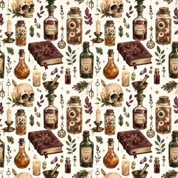 Seamless pattern of vintage apothecary items and books
