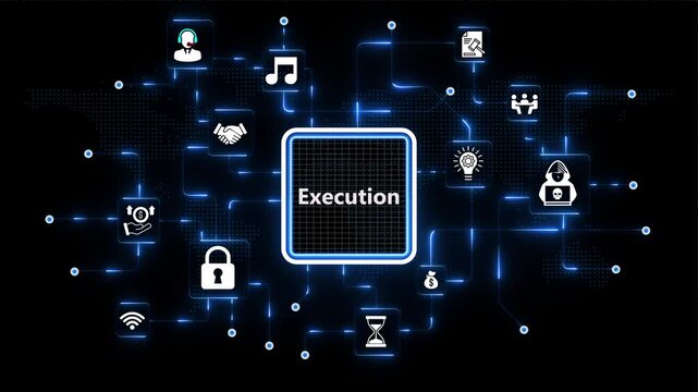 Execution strategy visual theme with connected business symbols and bright blue circuit nodes across a dark deep space technology backdrop.