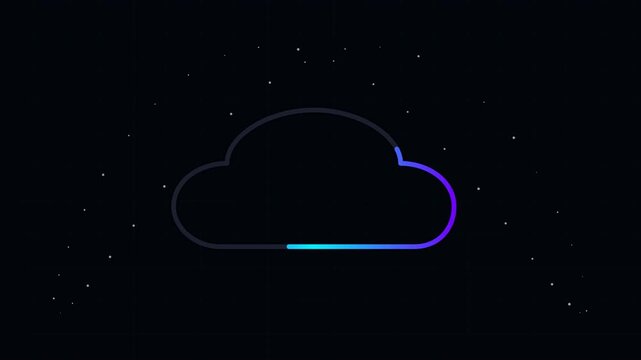 Abstract Cloud Computing Icon with Blue Gradient Line on Dark Grid Background with Glowing Particles for Data Storage and Network Concept