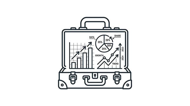 Open briefcase containing various financial data charts and growth trend analysis visuals