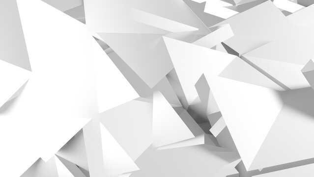 A clean white composition of geometric triangles and low-poly surfaces creating a minimalist modern background; strong light and shadow emphasize sharp edges and architectural texture. 3d render