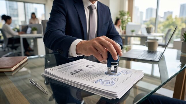 Corporate lawyer or notary public stamping official legal documents with blue ink seal in modern office, contract signing authorization, business administration paperwork