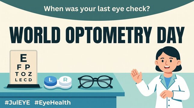 Flat vector illustration of female optometrist presenting eye care tools for World Optometry Day banner