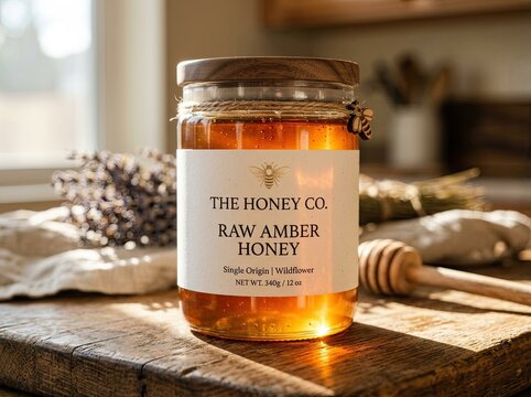 Raw amber honey in glass jar.