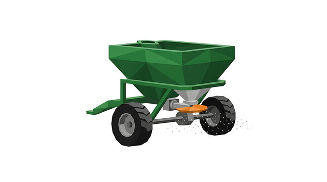 Low poly green fertilizer spreader agricultural equipment icon isolated on plain white background