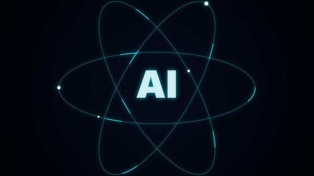 Artificial Intelligence AI Symbol with Atomic Orbit Lines and Glowing Particles on Dark Background, Futuristic Technology and Data Science Concept