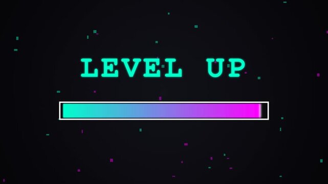 Retro Neon Gaming Level Up Background with Cyan and Purple Progress Bar for Achievement and Progress Graphics in 8-bit Pixel Art Style
