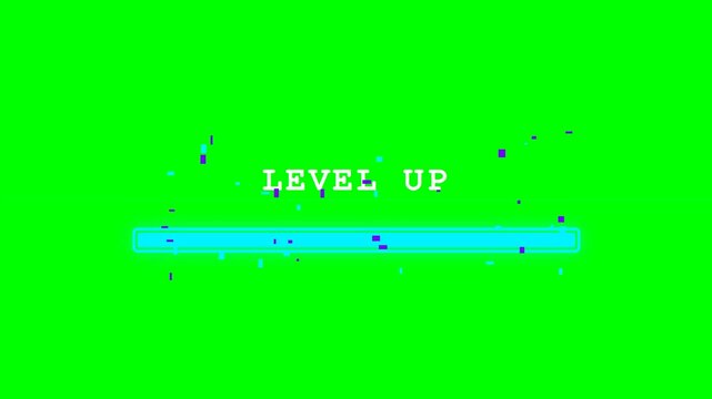 Level Up Loading Bar Animation with Glitch Effect on Green Screen Background, Gaming Achievement and Progression Concept for Video Editing