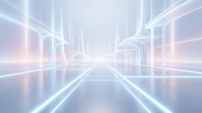 Futuristic neon hallway with glowing lines, sci-fi architecture, bright white light tunnel, abstract technology, virtual reality space, clean modern design, digital corridor