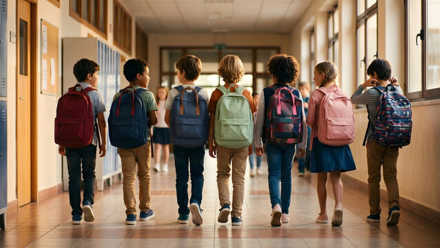 Group of diverse elementary school children walking down the hallway with colorful backpacks