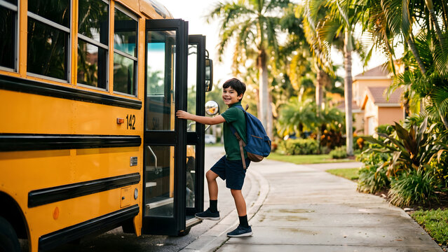 Schoolboy boarding a yellow bus with a backpack on a sunny morning