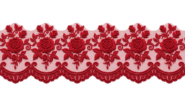 Vintage red rose lace border, elegant floral embroidery trim on white background, romantic textile pattern for wedding invitations and fashion design