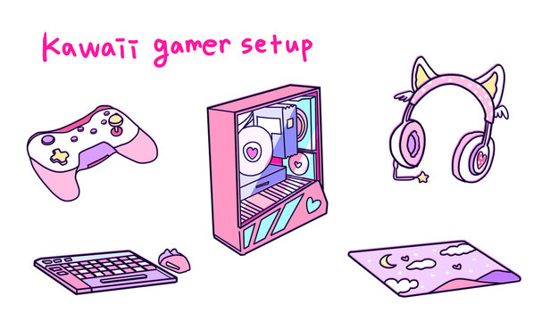 Kawaii Gamer Setup 카와이 게이머 스트리머 세트 마우스 게임 컴퓨터 데스크탑 마우스 키보드 헤드셋 헤드폰 장패드 데스크테리어 책상꾸미기
