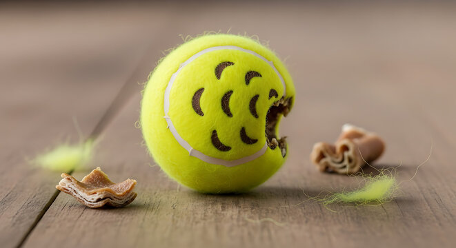 Chewed bright yellow tennis ball resting beside debris pieces on rustic brown wooden surface