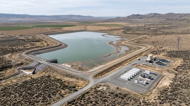 Aerial view of a large artificial water reservoir and treatment facility in a dry desert landscape