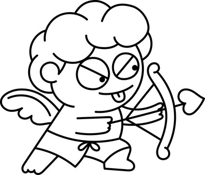 Mischievous Cupid with Heart Arrow Black and White Outline 