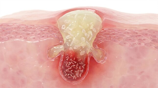 Close up macro cross section of infected skin pore with severe pustule and bacterial buildup