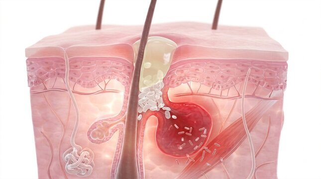 3D anatomical diagram of acne formation with inflamed hair follicle and bacteria infection
