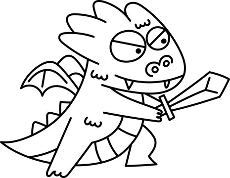 Mischievous Dragon with Sword Black and White Outline 