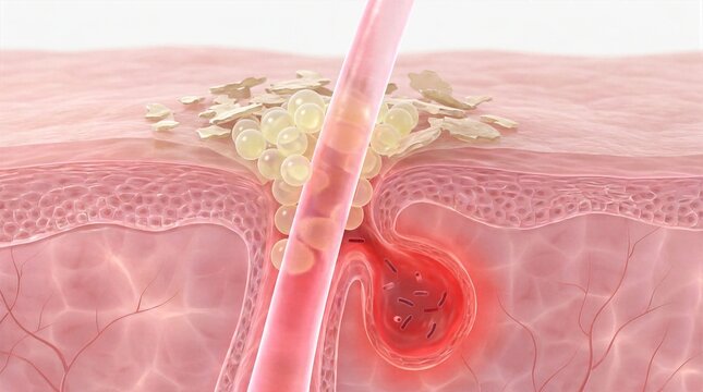 Microscopic 3D view of inflamed hair root showing sebum overproduction and flaking cells