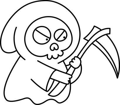 Quirky Grim Reaper with Scythe Black and White Outline 