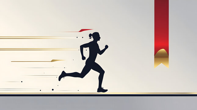 Marathon runner silhouette crossing finish line with red and gold ribbon, vector illustration with copy space