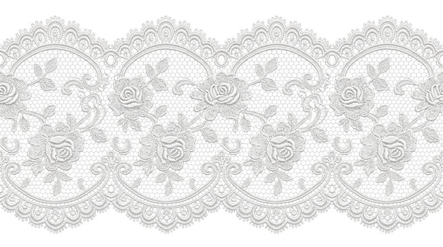 Vintage white lace border with floral rose pattern, elegant bridal lace trim on white background, decorative scalloped fabric ribbon for wedding stationery