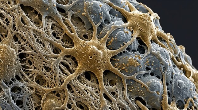 Extreme macro render of star shaped biological cell resting on porous bone matrix tissue structure