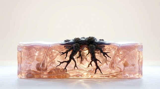 Subcutaneous cross section model revealing deep root penetration of dark melanoma cancer cells