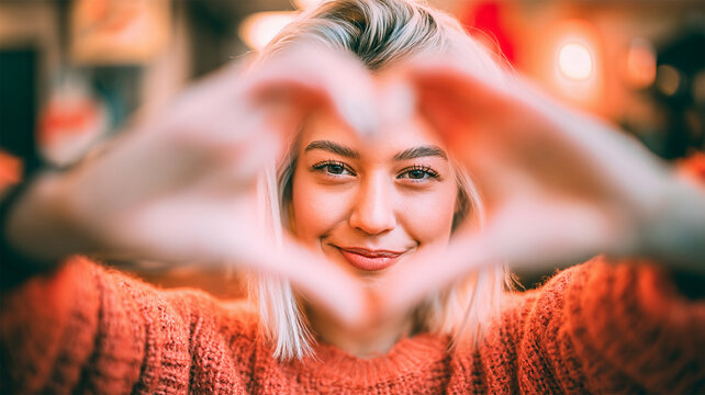 Smiling young woman making heart shape with hands in front of face expressing love, kindness and positivity with warm lifestyle portrait and shallow depth of field