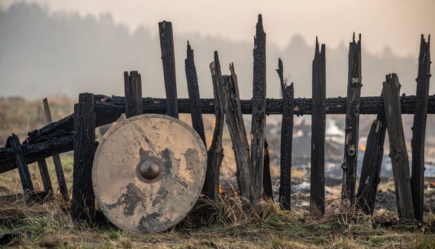Ancient Viking Shield Resting Against a Scorched Wooden Palisade in a Misty Landscape