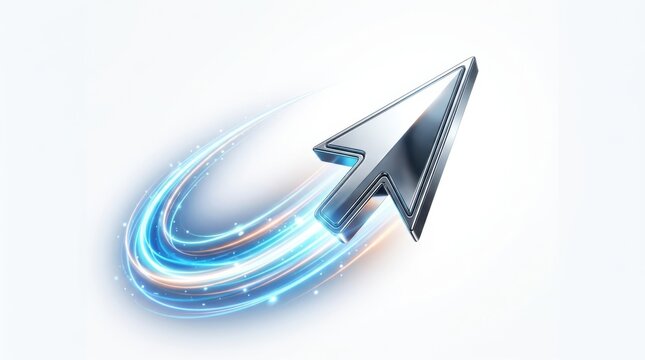 Shiny metallic computer mouse cursor arrow moving fast with bright blue glowing light trails