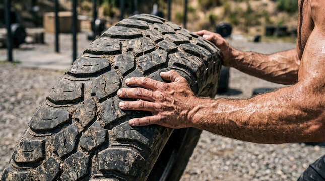 Muscular Athlete's Sweaty Hands Flipping Heavy Tire During Outdoor Strength Training for Functional Fitness Exercise, CrossFit Workouts, and Sports Performance Training
