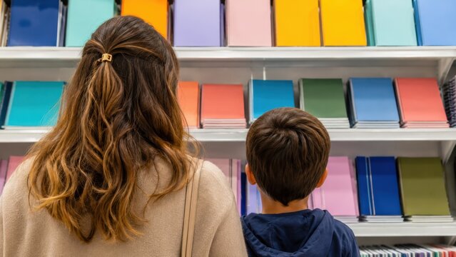  Back to school shopping and retail sales concept: Rear view of a mother and son choosing colorful notebooks and stationery on supermarket shelves. Parent and child preparing for the new academic year