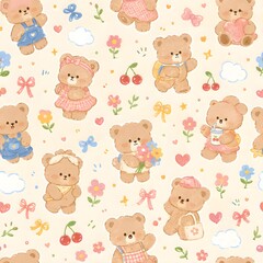 Fototapeta premium Cute Teddy Bear Seamless Pattern with Flowers, Bows and Hearts in Pastel Colors