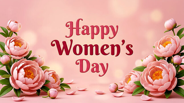 Happy Womens Day Pink Peonies Floral Concept, 3D International Womens Day Greeting, Spring Blossom Flowers, Feminine Celebration, and Soft Pink Bokeh Banner Background