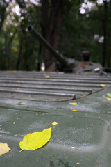 Fototapeta premium A selective focus shot of an abandoned military tank in the forest