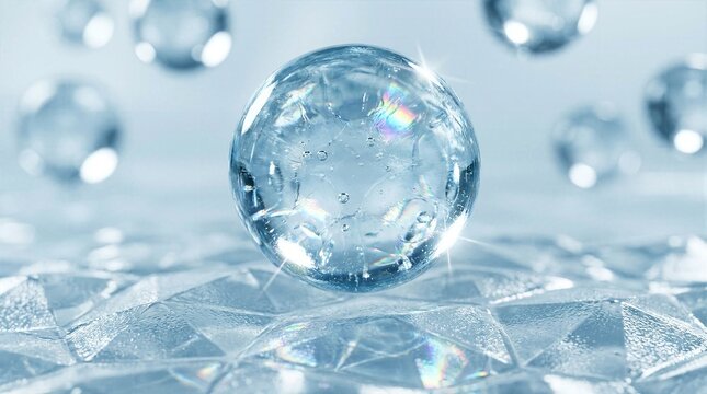 Close up of pure transparent icy water sphere resting on geometric glass surface with prism light reflections