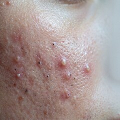 Fototapeta premium Macro portrait of acne skin texture showing pore structure and comedones.