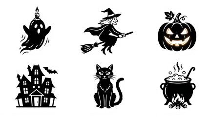 Fototapeta premium Set of six black and white pixel art halloween icons featuring spooky characters isolated on transparent background