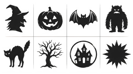 Fototapeta premium Collection of distressed halloween icons including a witch pumpkin bat and haunted house isolated on transparent background