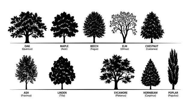 Trees Silhouettes Featuring Various Species Like Oak, Maple, and Elm with Their Scientific Names Displayed Below.