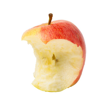 Fresh red apple with a bite mark isolated on a white background with clipping path, representing healthy eating, nutrition, dieting, temptation, and food concepts