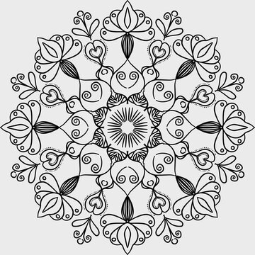 Black and white mandala and floral line-art patterns; a vector design suitable for coloring backgrounds.