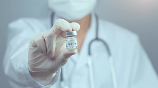Doctor holding medical vial with hope for longevity, presenting health treatment therapy, wearing protective mask with stethoscope for wellbeing