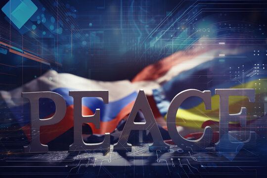 Double exposure Peace Word and abstract technology background. International conflict, American hegemony, War.