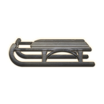 Vintage wooden sled with metal runners, traditional winter sleigh for snow activities, classic dark timber toboggan isolated on white background