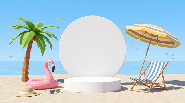 Summer Product Display Podium on Sand Beach with Flamingo Float, Palm Tree and Deck Chair 3D Render for Cosmetic and Travel Marketing Background.