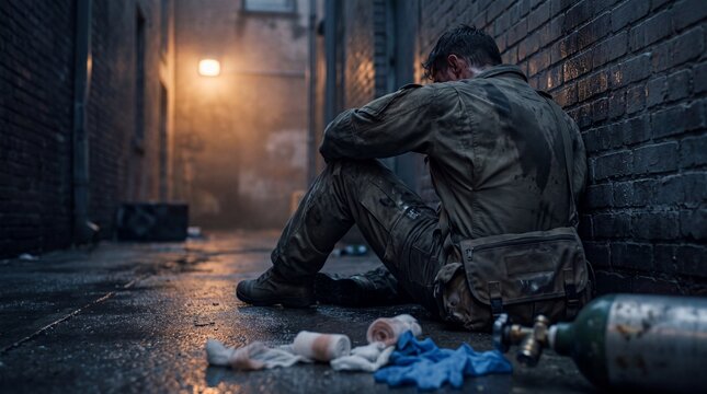 Paramedic rests against a brick wall in a desolate service alleyway.