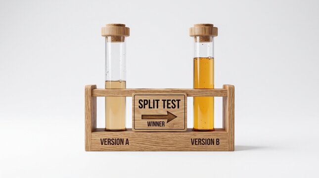 Two test tubes labeled Version A and Version B in a wooden rack representing split testing and data-driven experimentation concept, isolated on white background